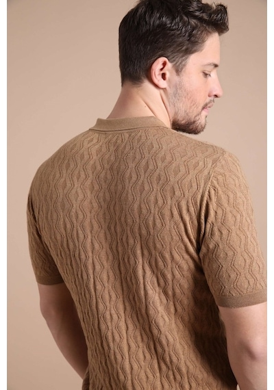 Ferraro Camel Polo Yaka Fermuarlı Erkek Pamuk Triko T-Shirt-Kahverengi (417942562) Kahverengi