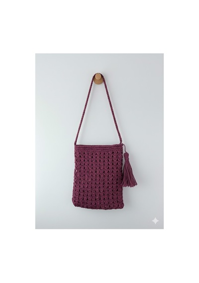 Execanta Çapraz Çanta Püsküllü Kağıt İp Örme Bordo 18x21x55 Bordo