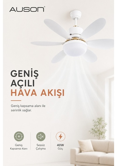 Auson Uzaktan Kumandalı Işıklı Tavan Vantilatörü E27 Duy Uyumlu 3 Işık Modu 3 Kademeli Hız Sessiz Ça