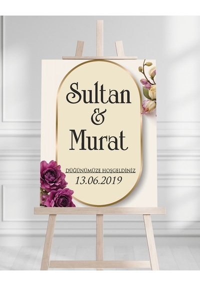 Söz Nişan Düğün İçin 50x70 Karşılama Panosu - Çiçek Tasarımlı 006 Beyaz