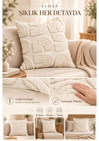 Kabartma Desenli Yumuşak Dokulu Dekoratif Kırlent Kılıfı Modern Ve Şık Yastık Kılıfı 1 Adet Krem - 923377985 Krem