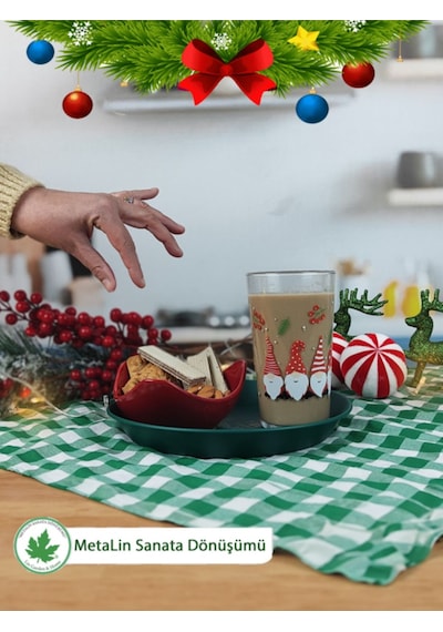 Yeşil Yılbaşı Sunum Tepsi 24 Cm, Servis Tepsisi, Kahve Tepsisi, Happy New Year Baskılı