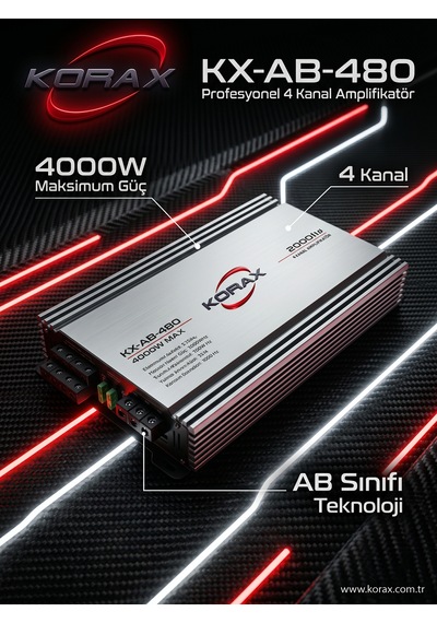 Korax Kx-ab-480 4 Kanal Oto Amfi - 4000w Max, 80wx4 Rms, Ab Sınıfı Araç Ses Sistemi Amplifikatörü