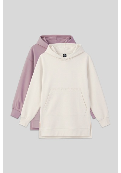 Tommylıfe Rahat Form Kapüşonlu 2li Paket Ekru-gül Kurusu Kadın Tunik Sweatshirt - 97163 Gül Kurusu-ekru