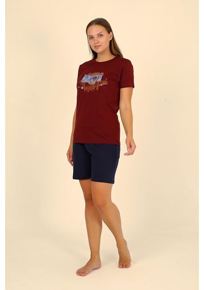 Akbeniz Kadın Şortlu Kısa Kol Penye Pijama Takım Bordo 3622