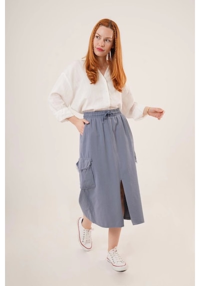 Defymoda Ön Yırtmaçlı Cep Detaylı İndigo Etek İndigo