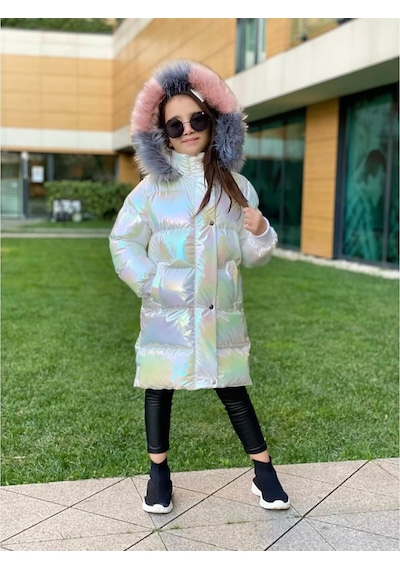 Quzucuk Kids 3 Çınar Kız Çocuk Petrol Beyaz Uzun Şişme Mont Bej