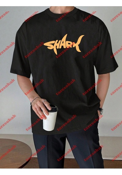 Startmore Unisex Shark Tasarım Tshirt Kısa Kollu Bisiklet Yaka T-shirt Siyah