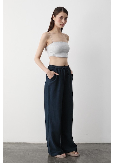Lacivert Beli Lastikli Bol Paça Pantolon Lacivert