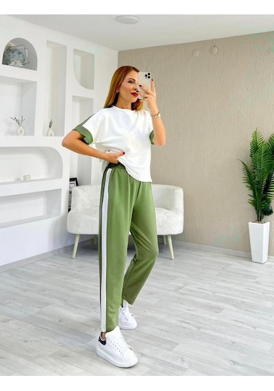 Kadın Modal Dokulu Kumaş Yanı Şeritli Takım Fıstık Yeşili