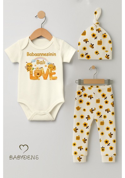 Babyden's 3 Lü Yenidoğan Takım Babaannesinin Balı Baskı Kısa Kol Body Arı Çiçek Desenli Ribana Pantolon Bere Ekru