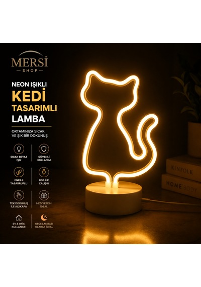 Neon Led Kedi Lamba Dekoratif Masaüstü Gece Lambası Usb & Pilli