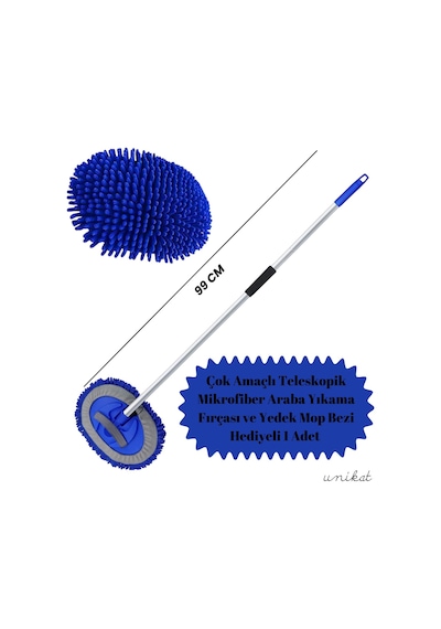 Çok Amaçlı Teleskopik Mikrofiber Araba Yıkama Fırçası Yedek Mop Bezli 1 Adet Saplı Ve Ele Geçirmeli Kullanım Mavi