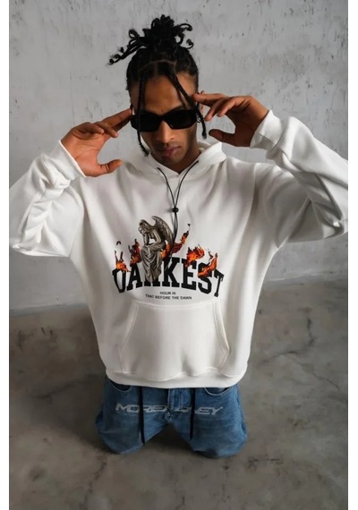 Veraura Lifestyle Erkek Dankes Baskılı Kapüşonlu Sweat - Beyaz