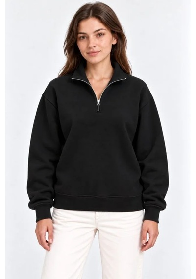 N11 Üç İplik İçi Şardonlu Dik Yaka Yarım Fermuarlı Kışlık Sweatshirt - Siyah