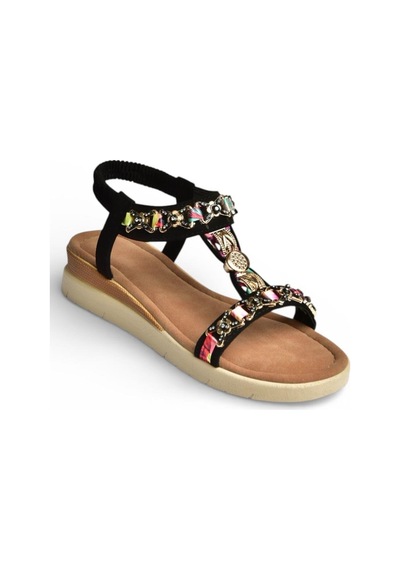 Fox Shoes Y274801409 Siyah Düz Tabanlı Renkli Taş Detaylı Kadın Sandalet Siyah