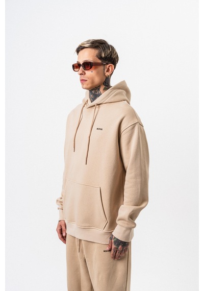 Erkek Respire Yazı Detaylı Kapüşonlu Basic Oversize Hoodie Bej