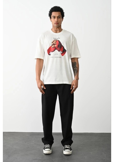 Ertaştrendstore Erkek Box Eldiven Baskılı T-shirt Kısa Kol Bisiklet Yaka Tişört - Beyaz Çok Renk