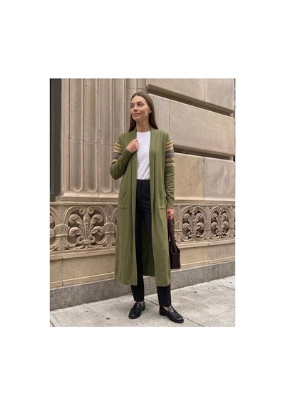Onno Style Women Kilim Desen Uzun Triko Kadın Hırka Haki