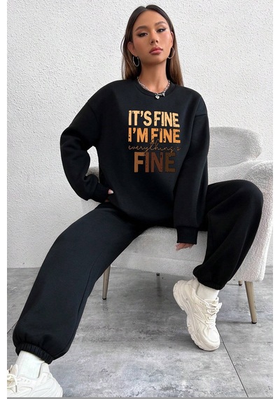 Uyguntarz Unisex Fine Baskılı Bisiklet Yaka Eşofman Takımı Siyah