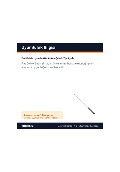 Trobus Fiat Doblo Uyumlu Oto Anten Çubuk Tip Siyah