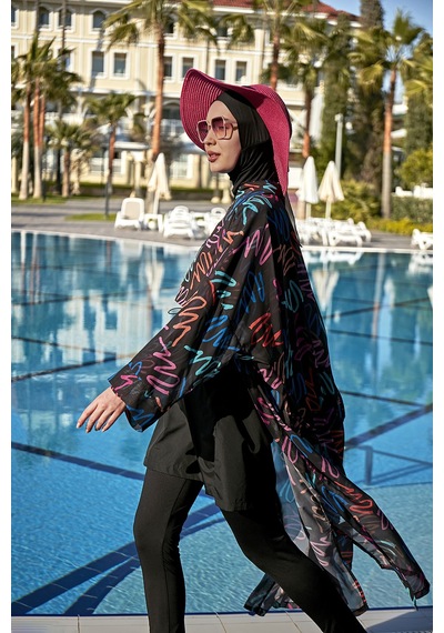 Remsa Mayo Remsa Tesettür Mayo Üzerine Tek Kaftan Kimono Pareo Rp013 Neon Siyah