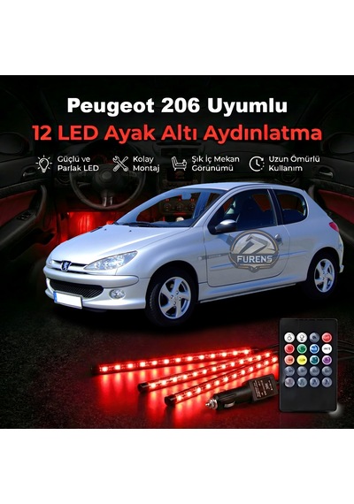 Peugeot 206 Uyumlu Rgb Ayak Altı Led 12 Led Kumandalı Müzik Duyarlı Araç İçi Aydınlatma 7 Renk 12v 1