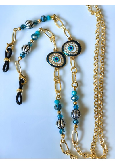 Sax Mavisi Mine Kaplamalı Aralı Kristal Taşlı Gözlük Zinciri Thınblack Altın