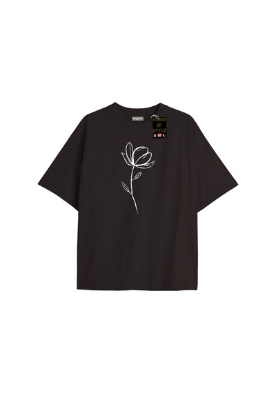 Flood Of Style Siyah Oversize T-shirt Minimal Gül Özel Tasarım