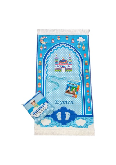 Çantalı Erkek Çocuk İsimli Seccade, Tesbih, Namaz Öğreniyorum Kitabı Seti Mavi