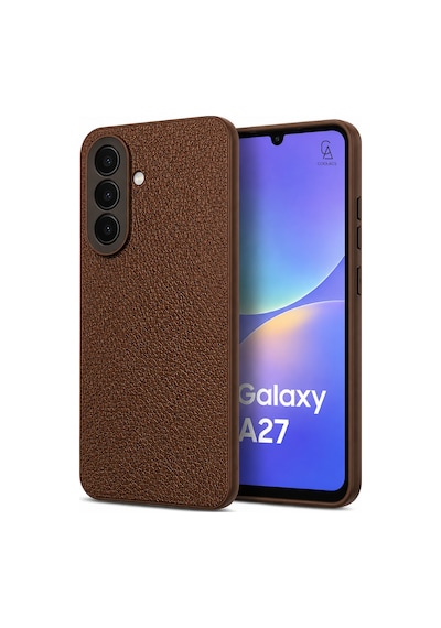 Samsung Galaxy A27 Uyumlu Deri Dokulu Silikon Telefon Kılıfı Ve Şeffaf Temperli Cam Ekran Koruyucu Kahverengi