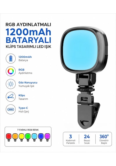 Blc Rgb Klipsli Led Işık 1200mah Bataryalı Type-c Şarjlı Selfie Video Çekim Telefon Laptop Monitör Kitap Okuma Lambası 360 Dönebilen Siyah