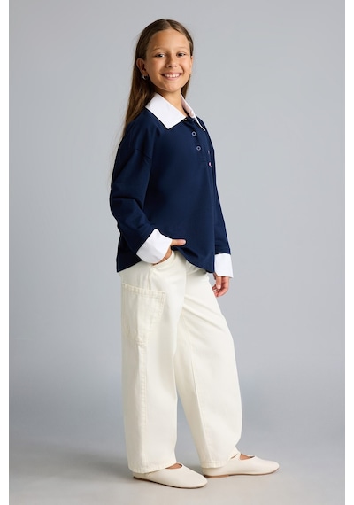 Defacto Regular Fıt Polo Yaka Slogan Baskılı Sweatshirt Kumaşı Uzun Kollu Polo Tişört Kız Çocuk I1642a826aunv244 Lacivert-nv244