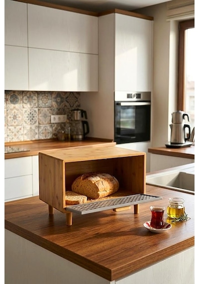Bambu Gövdeli Gri Pane Ekmek Dolabı 36x23x24 Cm - Demonte Ayaklı Tezgah Üstü Ekmeklik