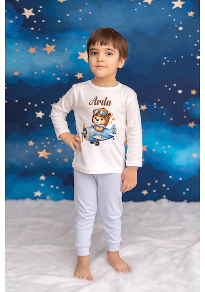 Pia Baby İsme Özel Erkek Çocuk Pijama Takımı %100 Pamuk Penye İsim Baskılı Kişiye Özel Çocuk Pijaması 10137m14pi Krem