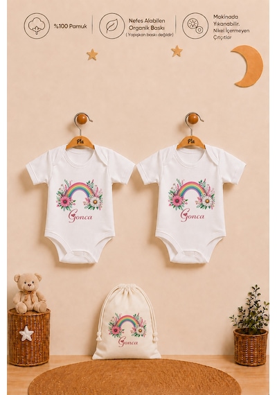 Pia Baby İsme Özel Kız Bebek Hediyesi 2'li %100 Pamuk Organik Baskılı Çıtçıtlı Body Zıbın Ve Ham Bez Kıyafet Kesesi 1065b2k0x Ekru
