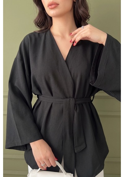 Koyu Siyah Kadın Kuşaklı Kimono 1177