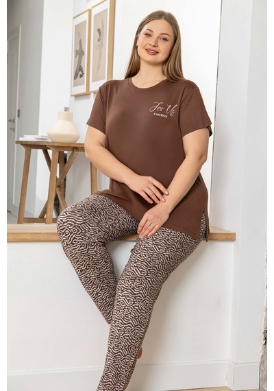Aydoğan Kadın Pijama Takımı Kısa Kol Büyük Beden Battal Kahverengi
