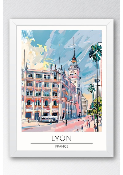 Fransa Lyon Temalı Çerçeveli Tablo Travel Serisi Modern İllüstrasyon Şehir Duvar Dekoru Beyaz