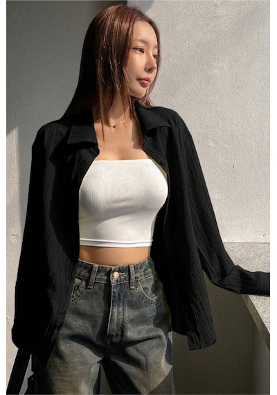 Tarz Cool Kadın Oversize Geniş Kesim Bürümcük Pens Detaylı Uzun Kollu Dokulu Gömlek Siyah