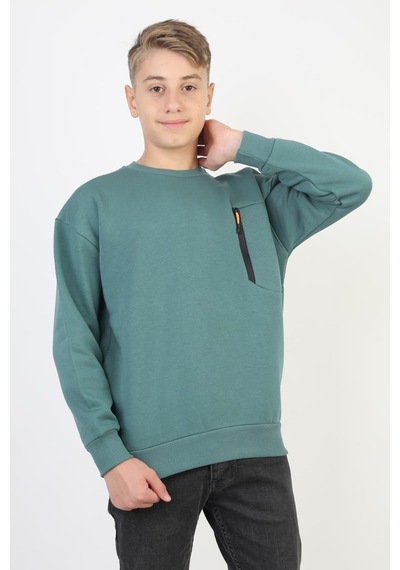 Bisiklet Yaka Cep Fermuar Detaylı Erkek Çocuk Sweatshirt-90856 Yeşil