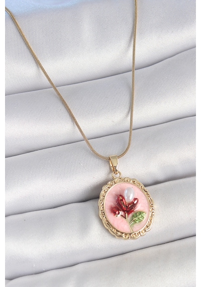316l Çelik Gold Renk Zincir Pembe Mineli İncili Çiçek İşlemeli Portre Model Kadın Kolye - Tj-bko10155
