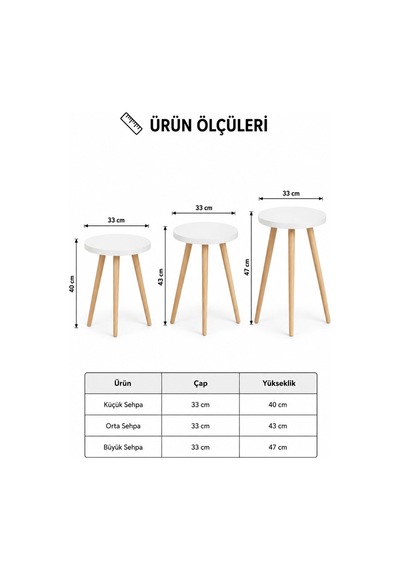 Zigon Sehpa Beyaz 3'lü Ahşap Ayaklı Yuvarlak Modern Yan Sehpa Seti Beyaz Beyaz
