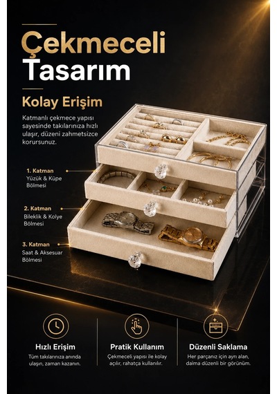 Orehome 3 Çekmeceli Kadife Takı Düzenleyici - Şeffaf Akrilik Kristal Kulplu Mücevher Ve Saat Kutusu
