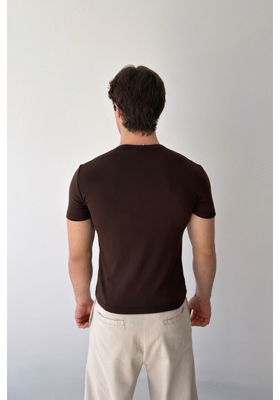 Flaw Düğmeli Basic Tişört-29357 Kahverengi