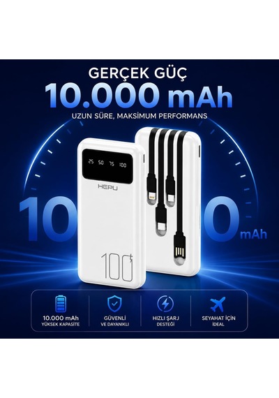 Hp-tp04 Titan Series 10.000 Mah Dahili 4 Kablolu Qualcomm Quick Charge 3.0 Dijital Ekranlı Hızlı Şarj Powerbank - Beyaz