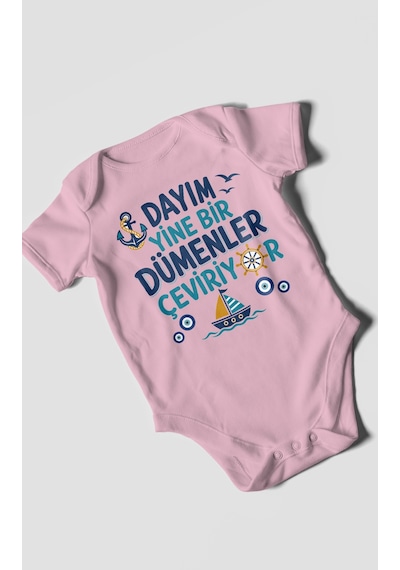 Morivokids Dayım Yine Bir Dümenler Çeviriyor Kısa Kollu Bebek Body %100 Pamuk Koyu Pembe