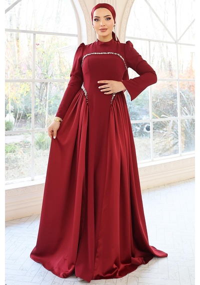 Olcay İnci Detaylı Krep Ve Saten Kombinli Kloş Tesettür Bordo 1686