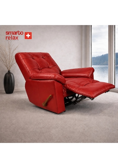 Smarto Relax Vıp Manuel Tv Koltuğu Gerçek Italyan Deri, Ceviz Ahşap Sırt Detaylı Baba Koltuğu Kırmızı