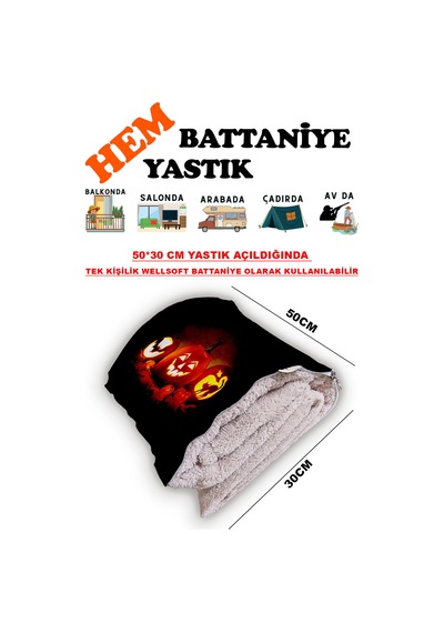Bal Kabağı Helloween Desen Baskılı Tv Battaniyeli Opsiyonel Dekoratif Yastık Battaniye 2in1 Çok Renkli